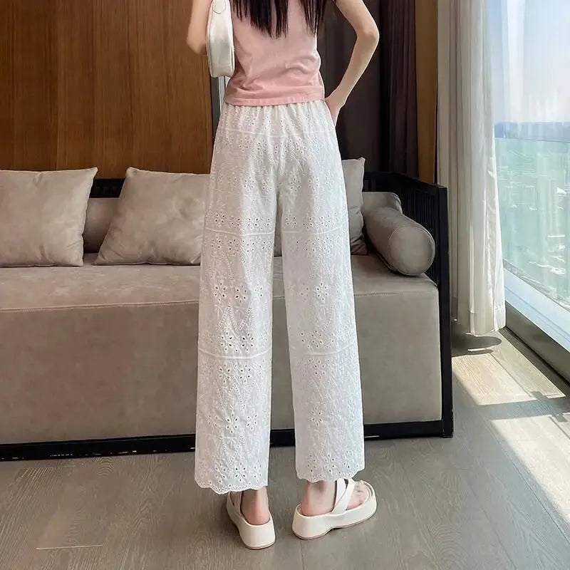 Women's Summer New Solid Color Hollow High Waist Elastic Long Fashion Versatile Commuter Slimming Straight Leg Wide Leg Pants, Mike Armstrong