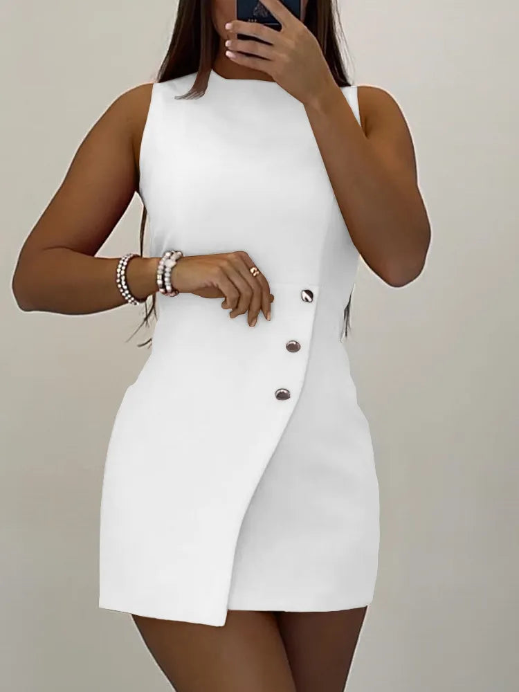 WOMEN SLEEVELESS BUTTONED ASYMMETRICAL BODYCON DRESS(WHITE)