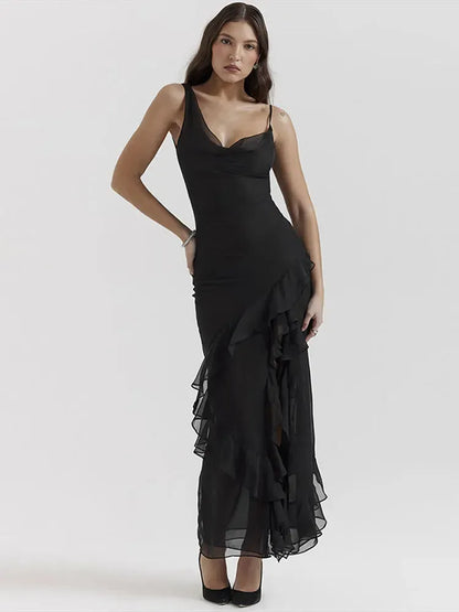 2024 Chic Ruffled Spaghetti Strap Maxi Dress For Women Elegant Black Off Shoulder Slim Dresses Female Fashion Evening Vestidos, Mike Armstrong