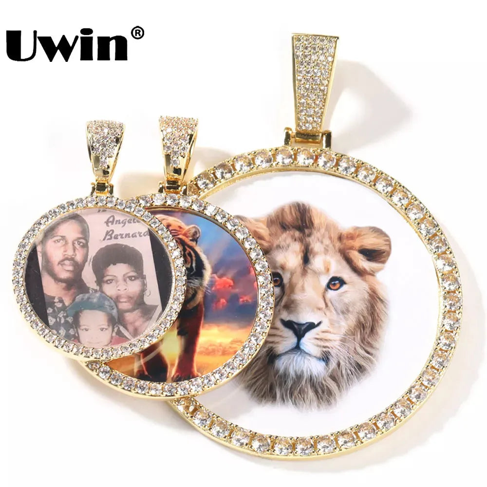 UWIN DIY Medallion Photo Pendant Necklace Large Round Custom Picture Charms Necklace Iced Out CZ Fashion Jewelry for Memory Gift, Mike Armstrong
