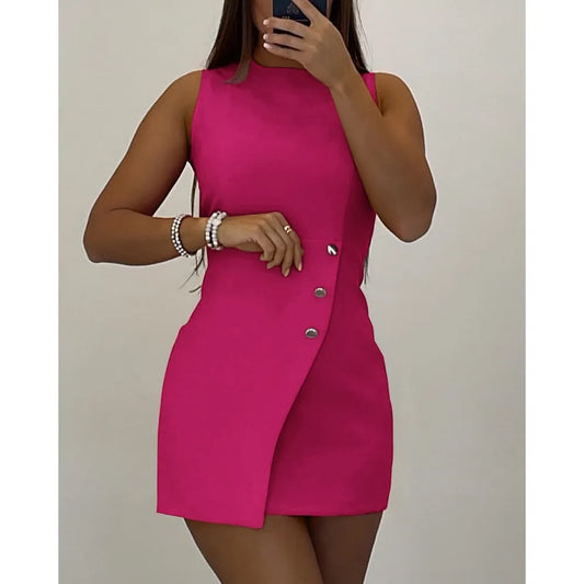 WOMEN SLEEVELESS BUTTONED ASYMMETRICAL BODYCON DRESS(PINK)