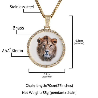 UWIN DIY Medallion Photo Pendant Necklace Large Round Custom Picture Charms Necklace Iced Out CZ Fashion Jewelry for Memory Gift, Mike Armstrong
